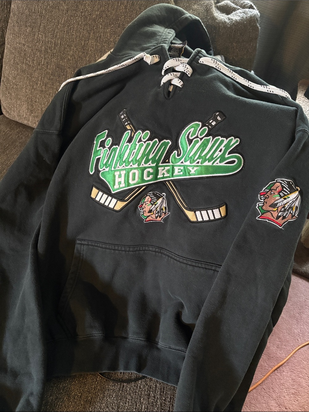 Fighting Sioux Hockey Hoodie - Black with Green Accents